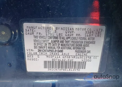 2014 Nissan Versa 1.6 S+ z USA, uszkodzony, nr VIN 3N1CN7AP8EL813490